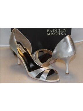 New! Badgley Mischka Silver Satin D'Orsay Open-Toe Heels